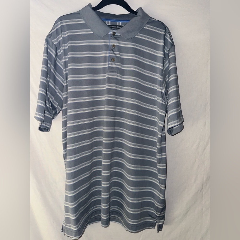 Pebble Beach Dry-Luxe Men’s Golf Shirt | Grey,‎ White & Blue Striped | Size XXL